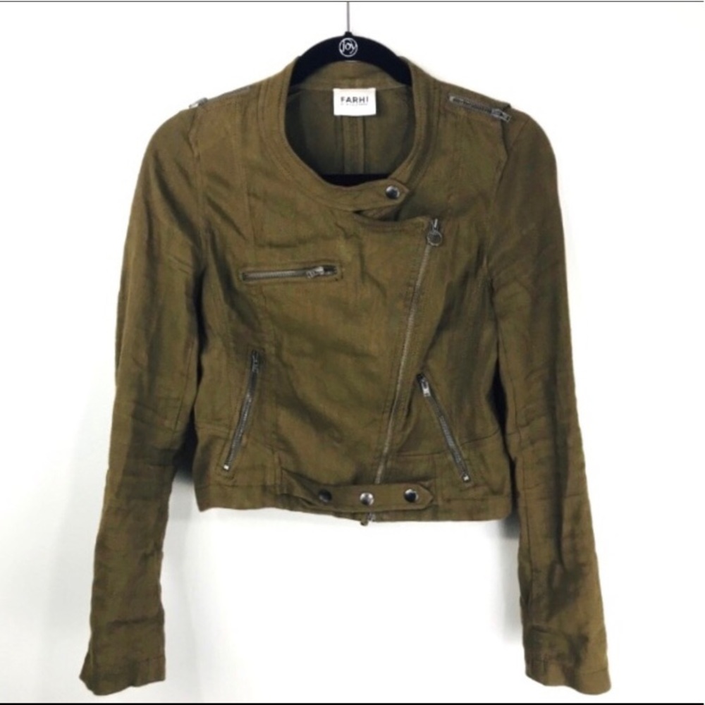 ❤️FARHI NICOLE Linen Moto Jacket Olive Green 6